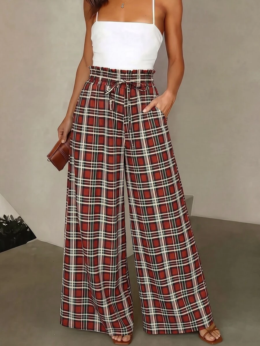 SHEIN Women's French Elegant Retro RedGreen Gingham WideLeg Pants Perfect For Christmas Holiday Autumn/Winter Outfits | HighWaisted Drawstring Design F