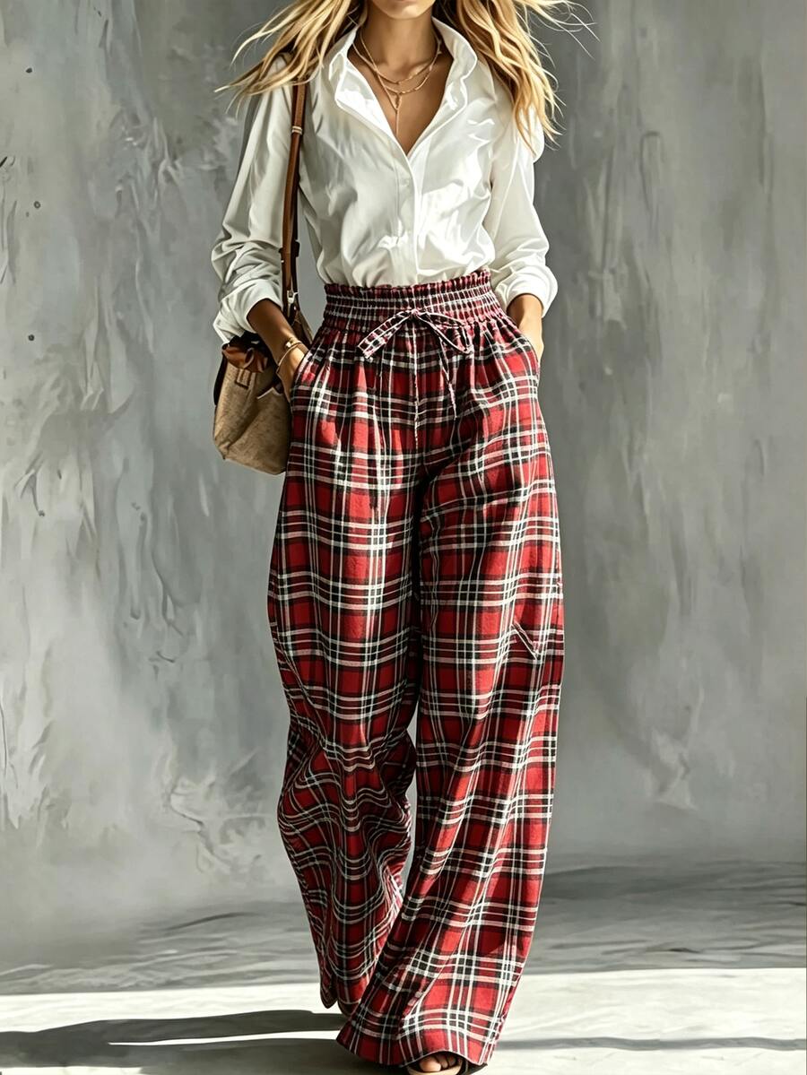 SHEIN Women's French Elegant Retro RedGreen Gingham WideLeg Pants Perfect For Christmas Holiday Autumn/Winter Outfits | HighWaisted Drawstring Design F - image 3