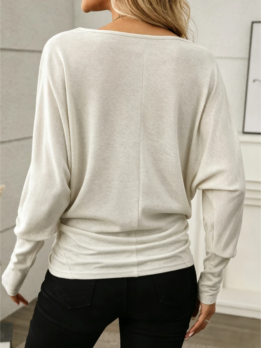 SHEIN LUNE Women's Solid Color Boat Neck Batwing Long Sleeve Casual T-Shirt - image 2