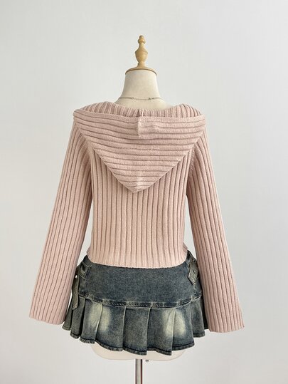 Elamini Simple Women's Autumn/Winter Pink Hooded Long Sleeve Cable Knit Fitted Cardigan Sweater - image 2