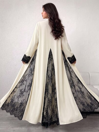 Yasmyna Elegant Lace Patchwork Black & White Contrast Long Open Front Abaya - image 2