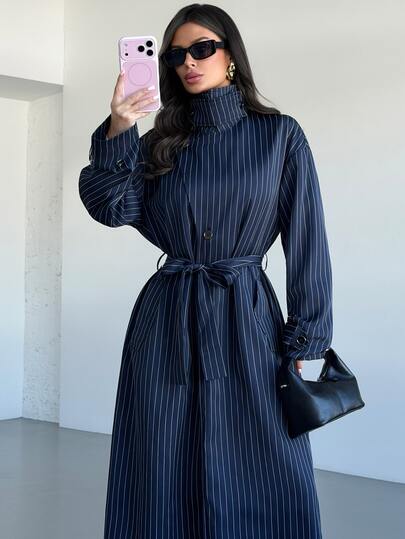 Firerie Navy Blue Striped Trench Coat Jacket, Autumn/Winter, Professional Lapel Pocket Belt Long Coat