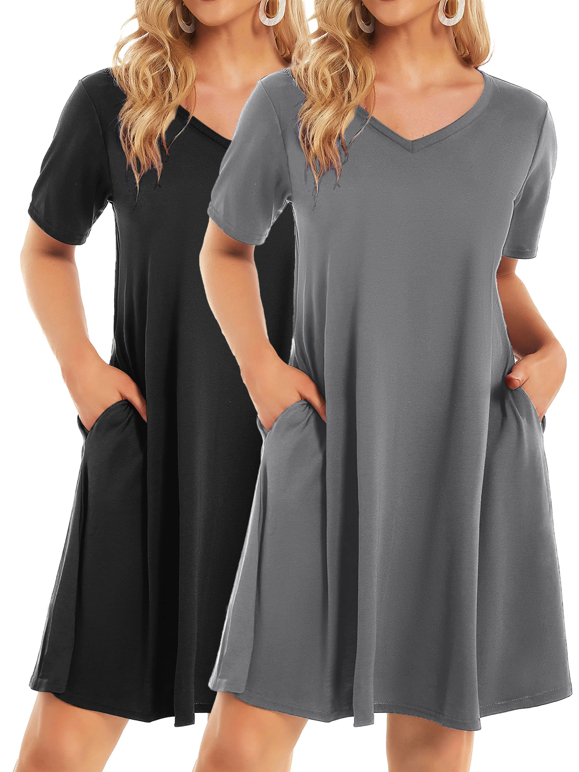 Women's Casual T-Shirt with Pockets, Loungewear Dress, Loose-Fitting with Flare Hem