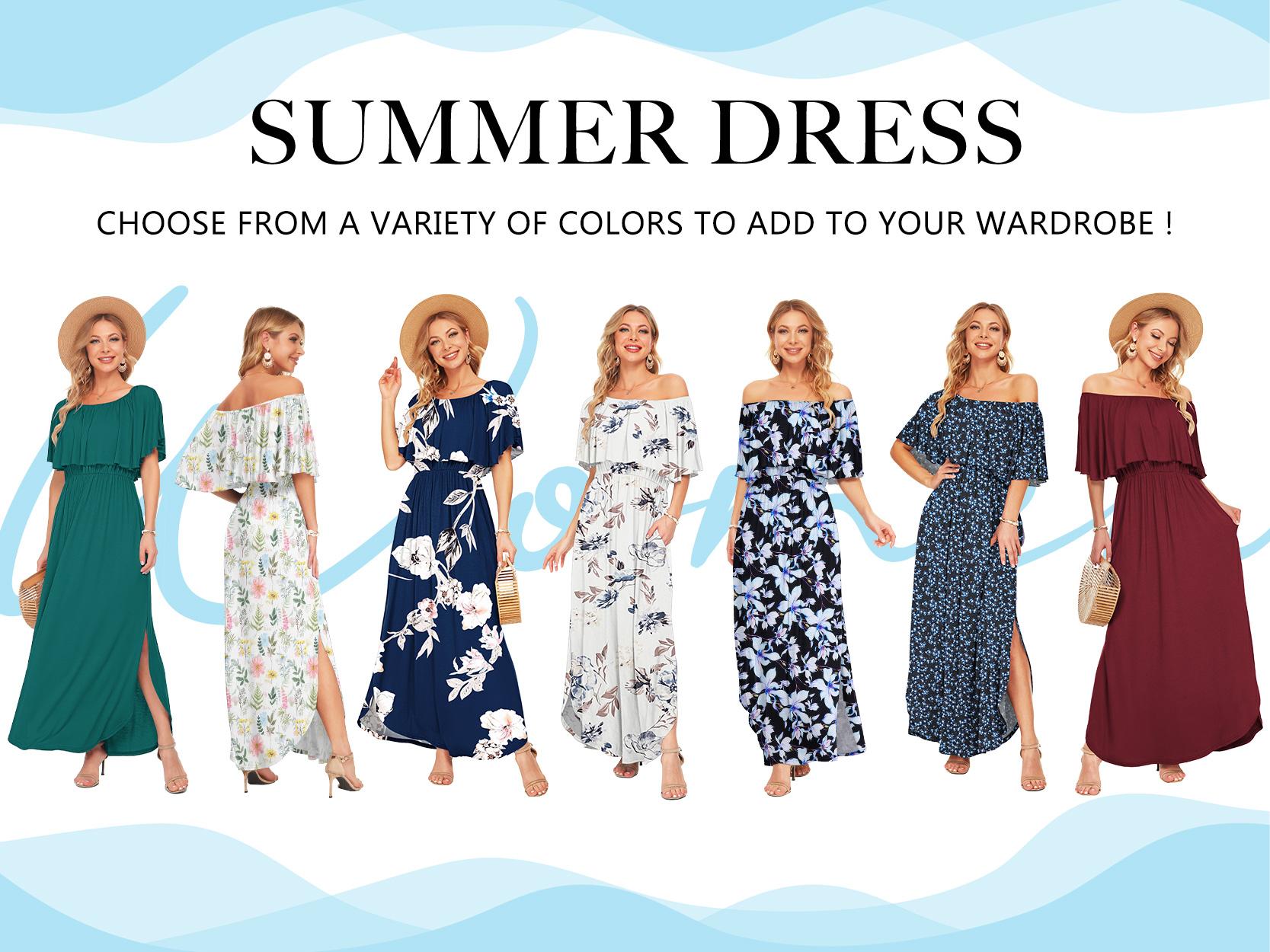 [Restocked] AUSELILY Women's Plus Size Off The Shoulder Dress Wedding Guest Dress Summer Casual Long Ruffle Party Side Split Beach Maxi Dresses with Pockets