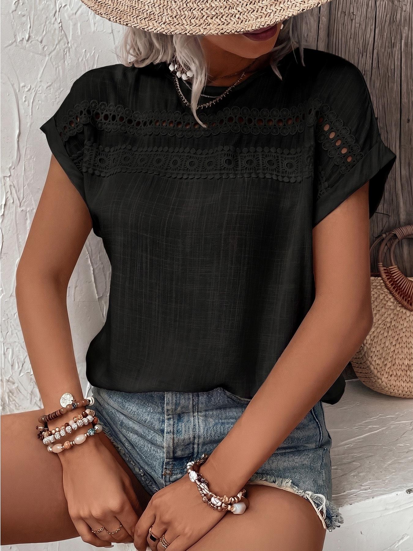 Women's Casual Lace Trim Loose Fit Batwing Sleeve Blouse Shirts, Comfortable Top for Daily Wear at Home or Outdoors