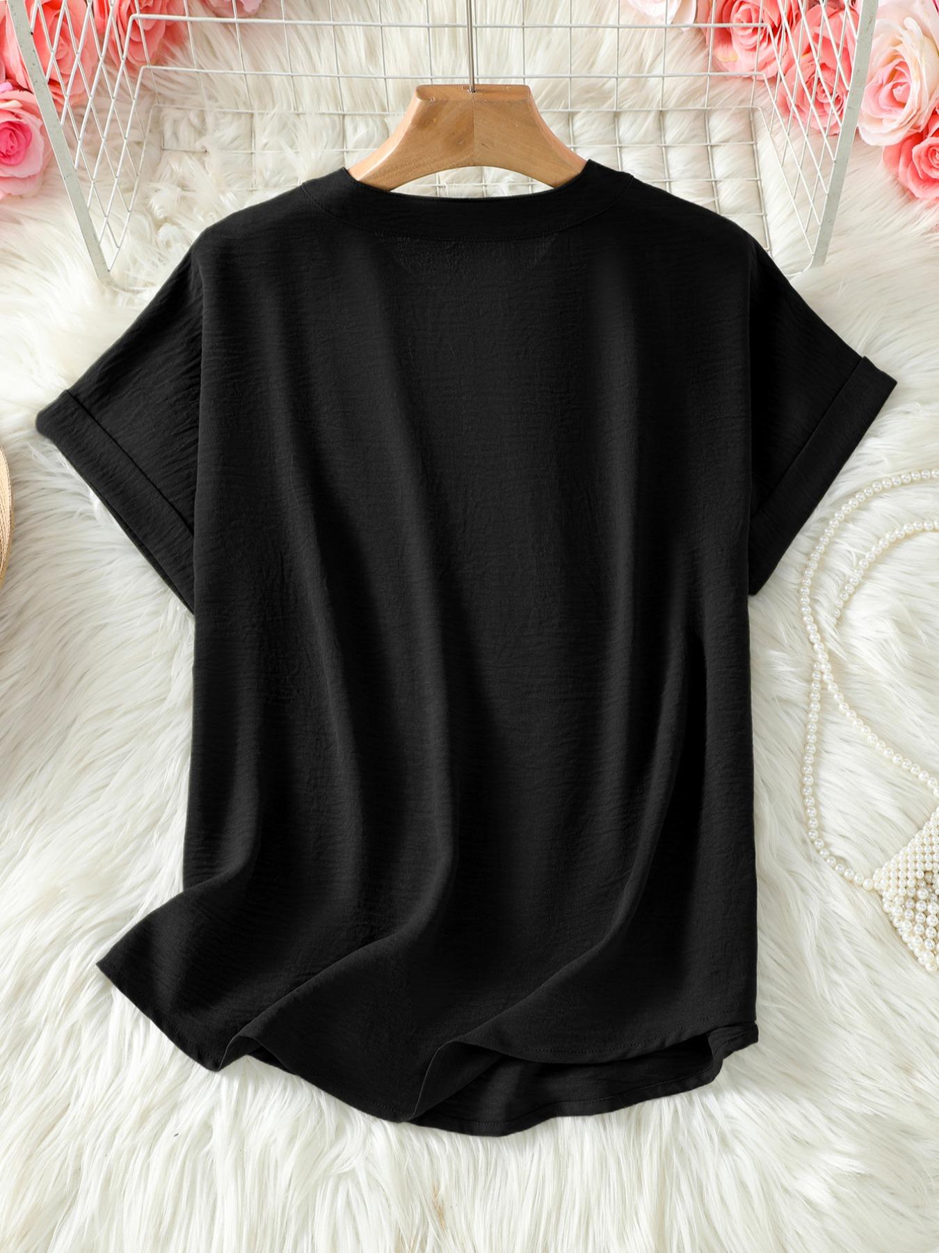 Elegant Polyester V Neck Loose Fit Short Sleeve Blouse Shirt for Women, 100% Polyester, Regular Length, 145g/m&sup2;, Casual Everyday Weekend Top Womenswear