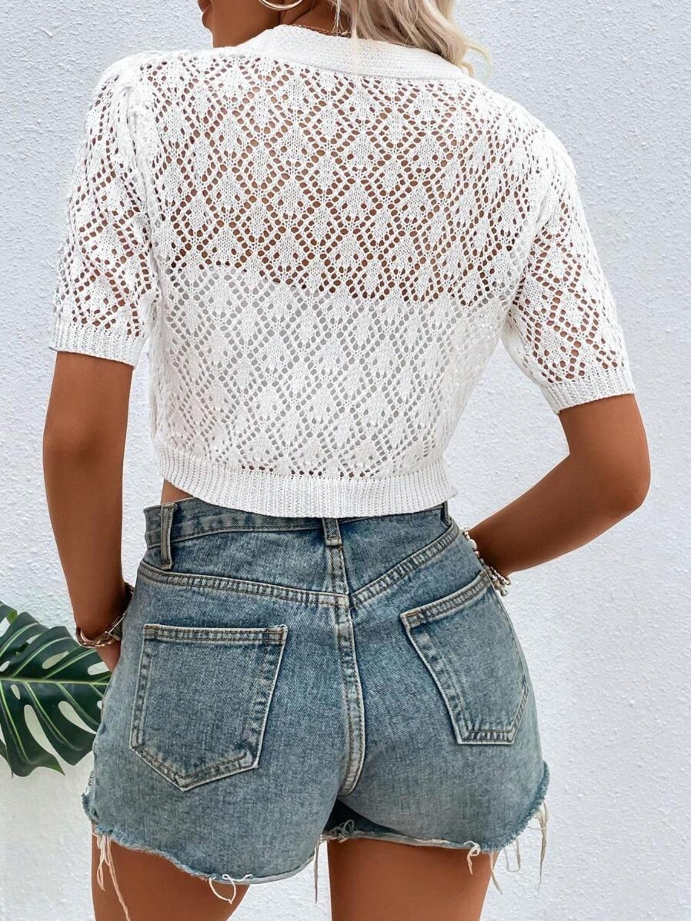 Women's V Neck Basic Plain Hollow Out Button Front Knit Cardigan, Casual Spring Summer Short Sleeve Lightweight Short Cardigan, Women's Knitwear for Daily Wear, Knitting, Tops, Everyday