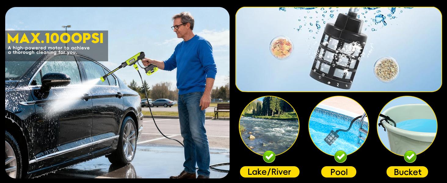 SEESE Cordless Pressure Washer and Single Port Charger Base, Bottle Portable Washer for Car,Home Cleaning & Garden Watering