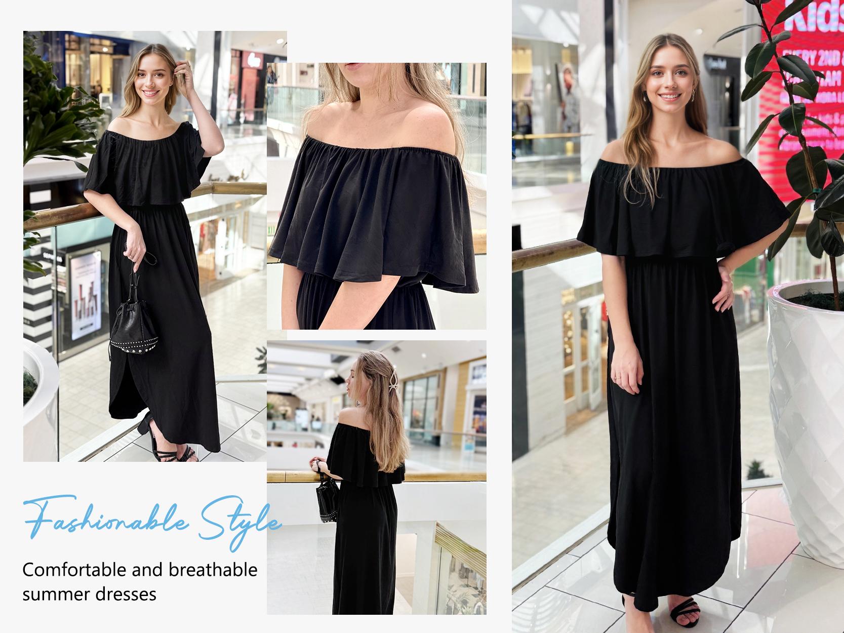 [Restocked] AUSELILY Women's Plus Size Off The Shoulder Dress Wedding Guest Dress Summer Casual Long Ruffle Party Side Split Beach Maxi Dresses with Pockets