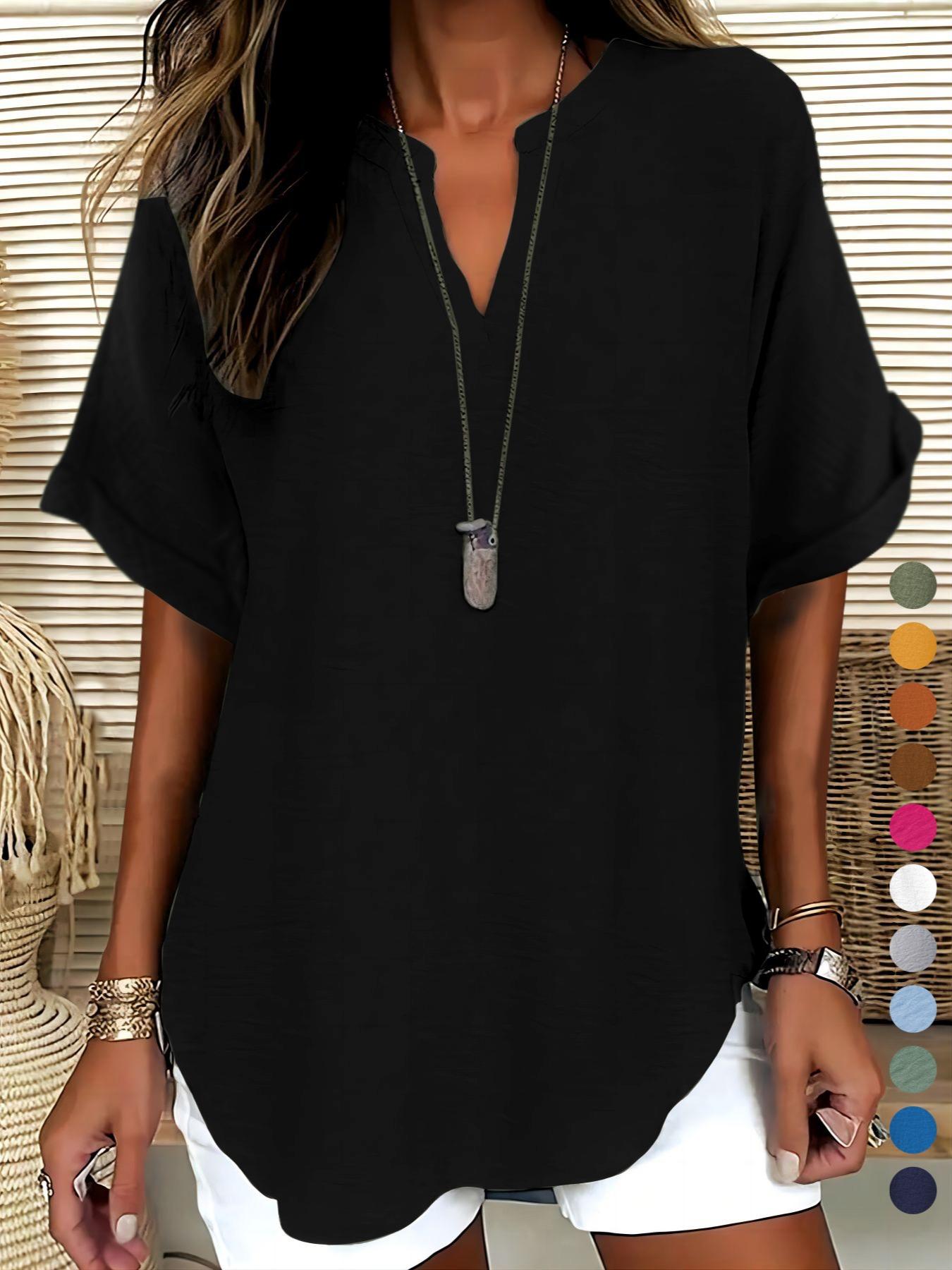 Elegant Polyester V Neck Loose Fit Short Sleeve Blouse Shirt for Women, 100% Polyester, Regular Length, 145g/m&sup2;, Casual Everyday Weekend Top Womenswear