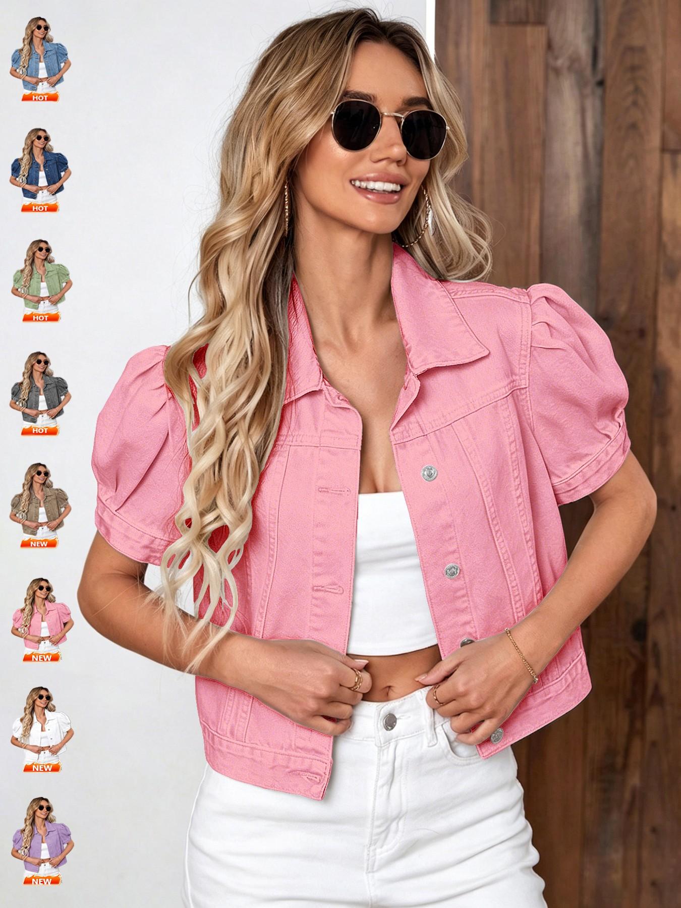 Women's Vintage Bubble Sleeve Light Wash Denim Jacket, Summer Lightweight Thin High Waist Crop Top, Casual Fashionable Fit Short Cropped Jean Coat for Women