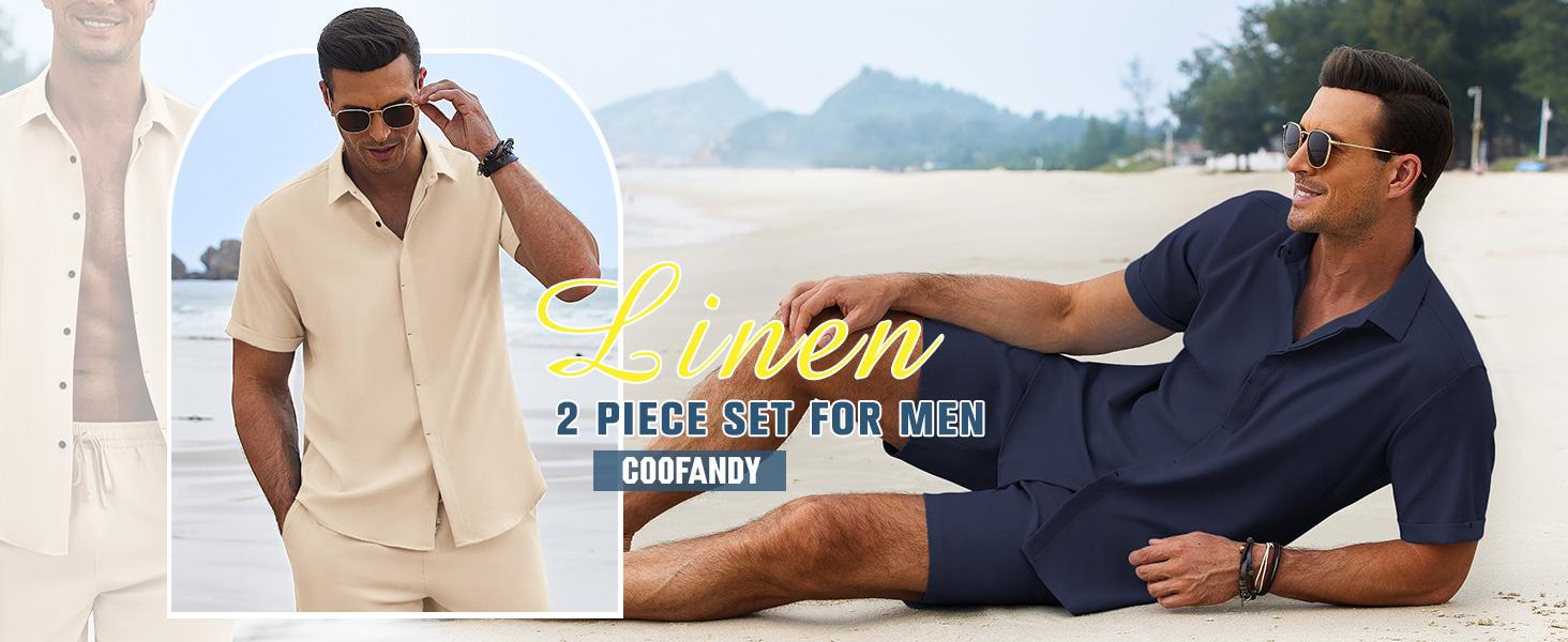 Coofandy Men's Summer Beach Outfit 2-Piece Short Sleeve Shirt & Shorts Set in Premium Linen Texture Fabric for Vacation & Casual Wear Coofandy Men's Summer Beach Outfit 2-Piece Short Sleeve Shirt & Shorts Set in Premium Linen Texture Fabric for Vacation & Casual Wear