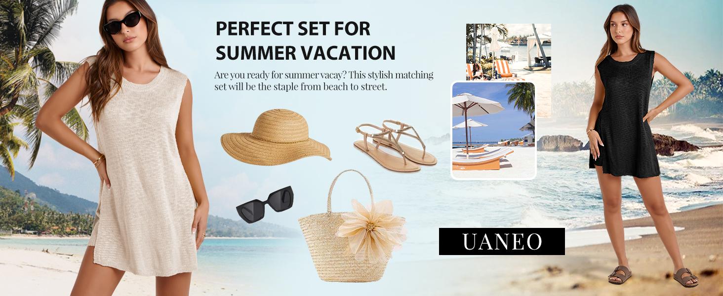 UANEO SummerVibes Women's  2 Piece Outfits Summer Knit Sweater Set Sleeveless  Tunic  Top Matching Shorts Trendy Beach Vacation Sets