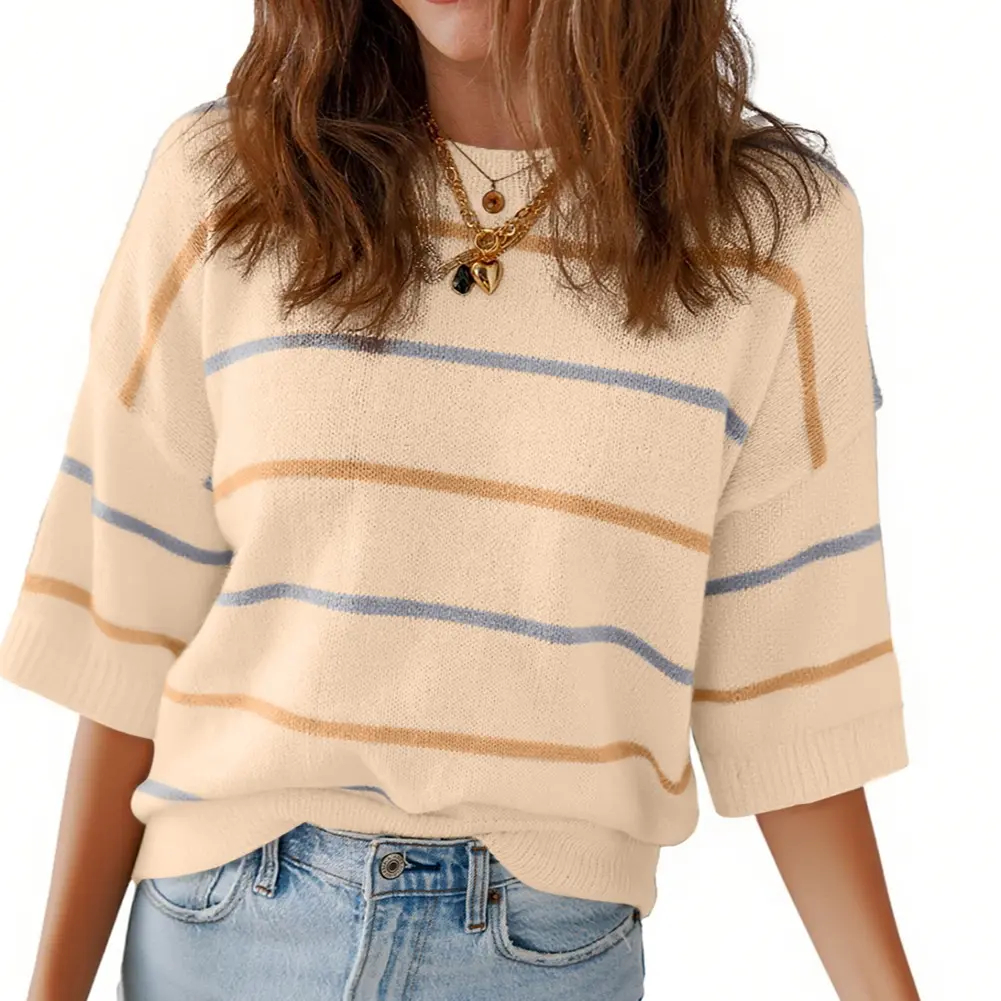 Shewin Women's Striped Knit Crew-Neck Short-Sleeve Top(Buy 2 Free Shipping)