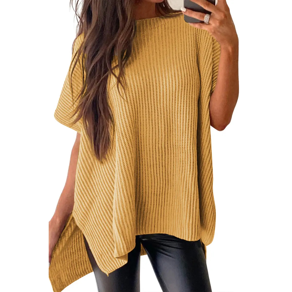 Women's casual, loose-fitting solid-color knit pullover with puffy short sleeves, a crew neck, and side slits