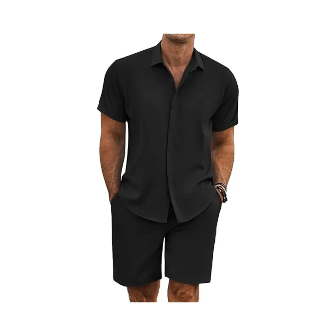 Men's Summer Beach Two-Piece Set: Made from high-quality linen-textured fabric, perfect for vacations and casual wear