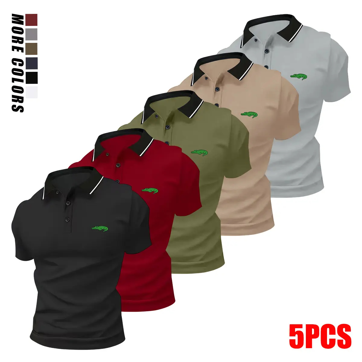 Pack of 5 summer men’s short-sleeve polo shirts with turn-down collar and crocodile print; casual sportswear tops for men