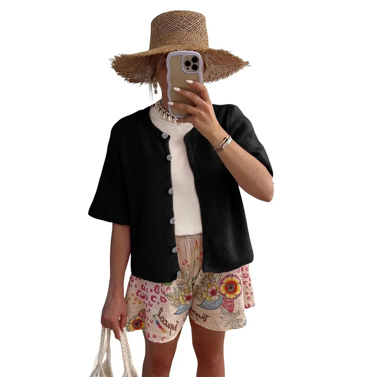 Women's Short-Sleeve Crew-Neck Cardigan