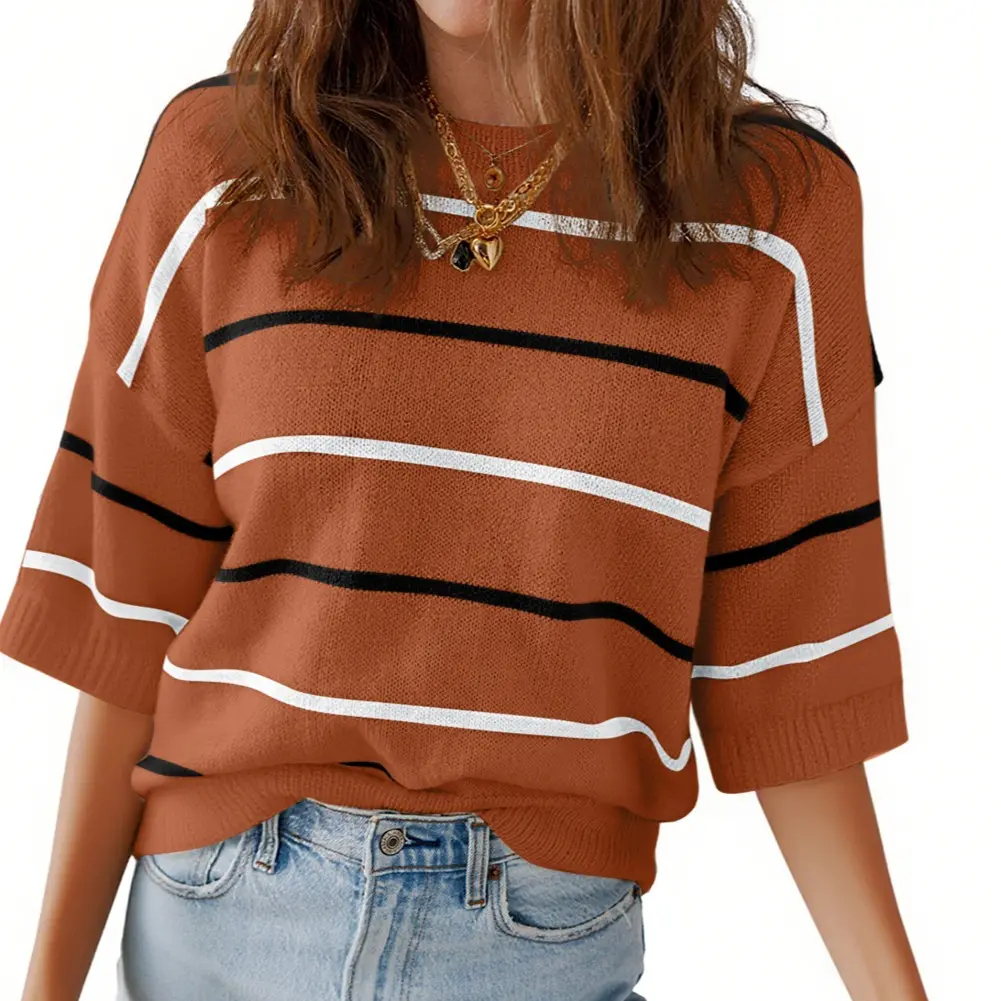 Shewin Women's Striped Knit Crew-Neck Short-Sleeve Top(Buy 2 Free Shipping)