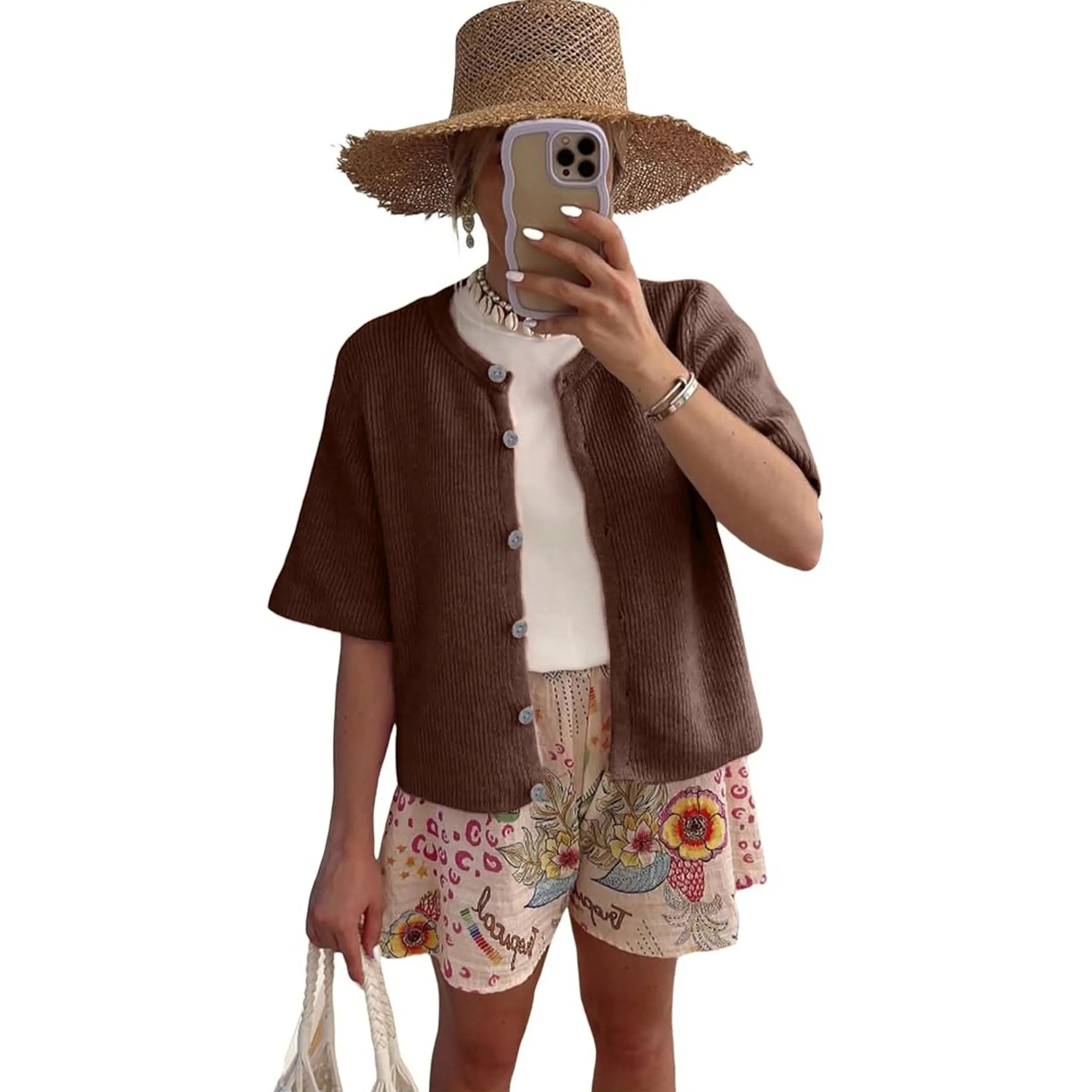 Women's Short-Sleeve Crew-Neck Cardigan