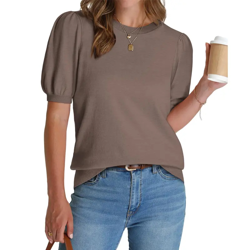 OFEEFAN women's puff short-sleeved 2026 spring/summer sweater – lightweight knit top – business casual blouse, soft and breathable for layering.