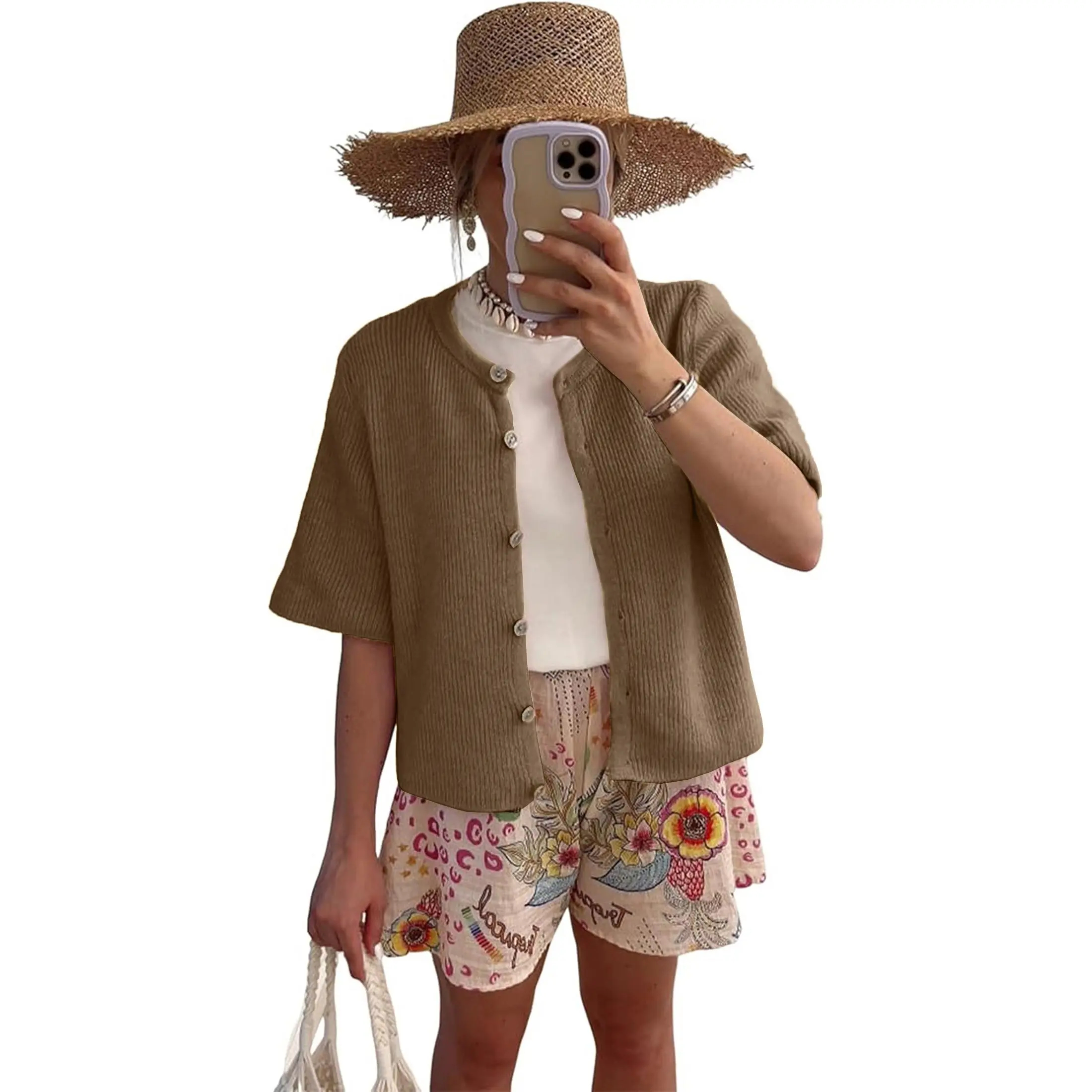 Women's Short-Sleeve Crew-Neck Cardigan