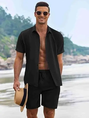 Men's Summer Beach Two-Piece Set: Made from high-quality linen-textured fabric, perfect for vacations and casual wear