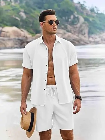 Men's Summer Beach Two-Piece Set: Made from high-quality linen-textured fabric, perfect for vacations and casual wear