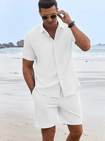 Men's Summer Beach Two-Piece Set: Made from high-quality linen-textured fabric, perfect for vacations and casual wear