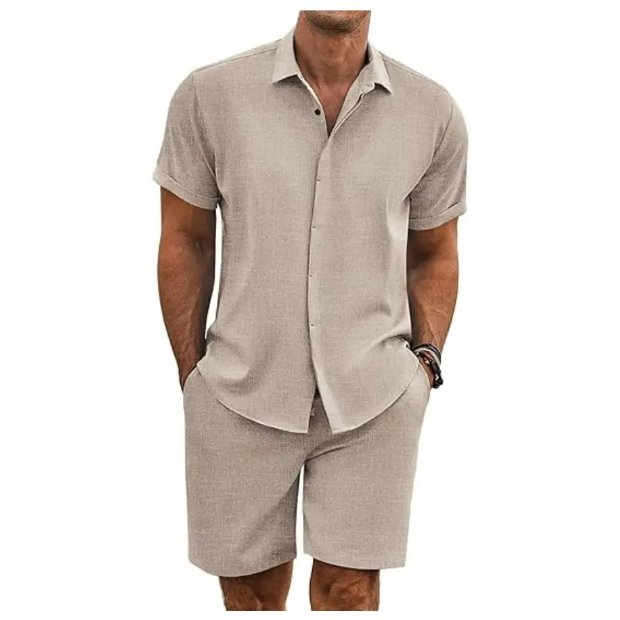 Men's Summer Beach Two-Piece Set: Made from high-quality linen-textured fabric, perfect for vacations and casual wear