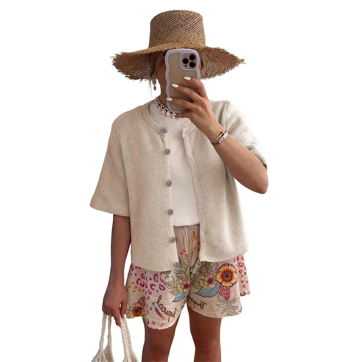 Women's Short-Sleeve Crew-Neck Cardigan