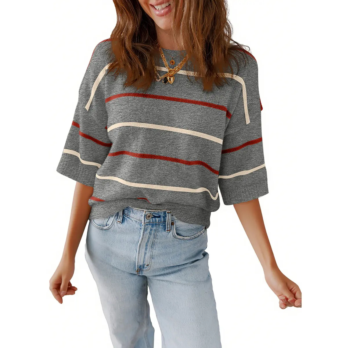 Shewin Women's Striped Knit Crew-Neck Short-Sleeve Top(Buy 2 Free Shipping)