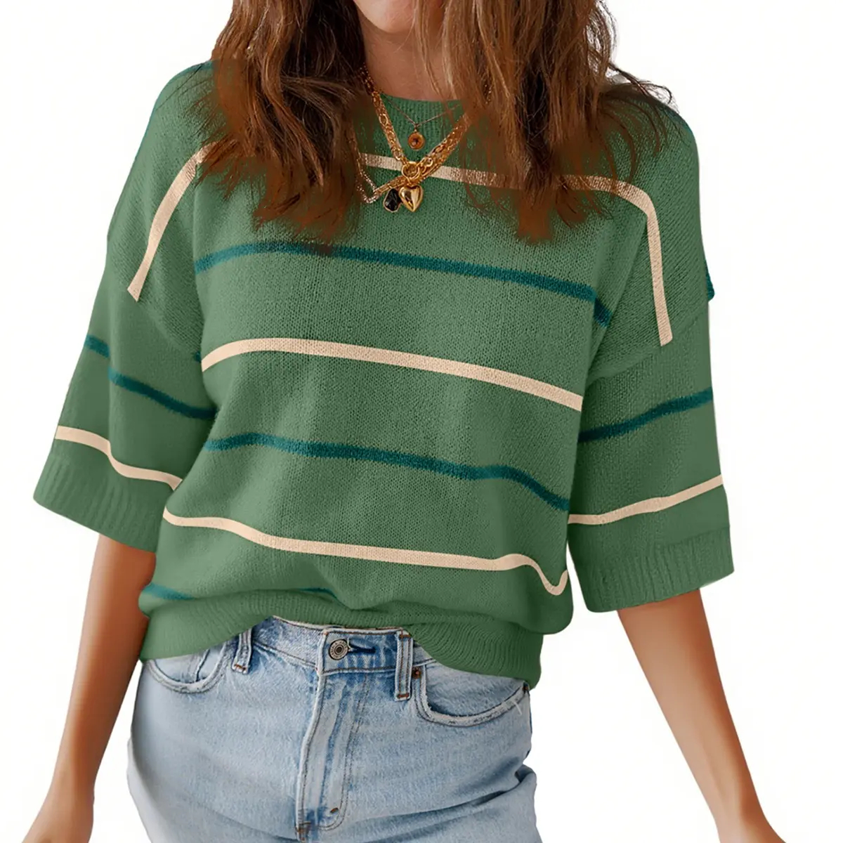 Shewin Women's Striped Knit Crew-Neck Short-Sleeve Top(Buy 2 Free Shipping)
