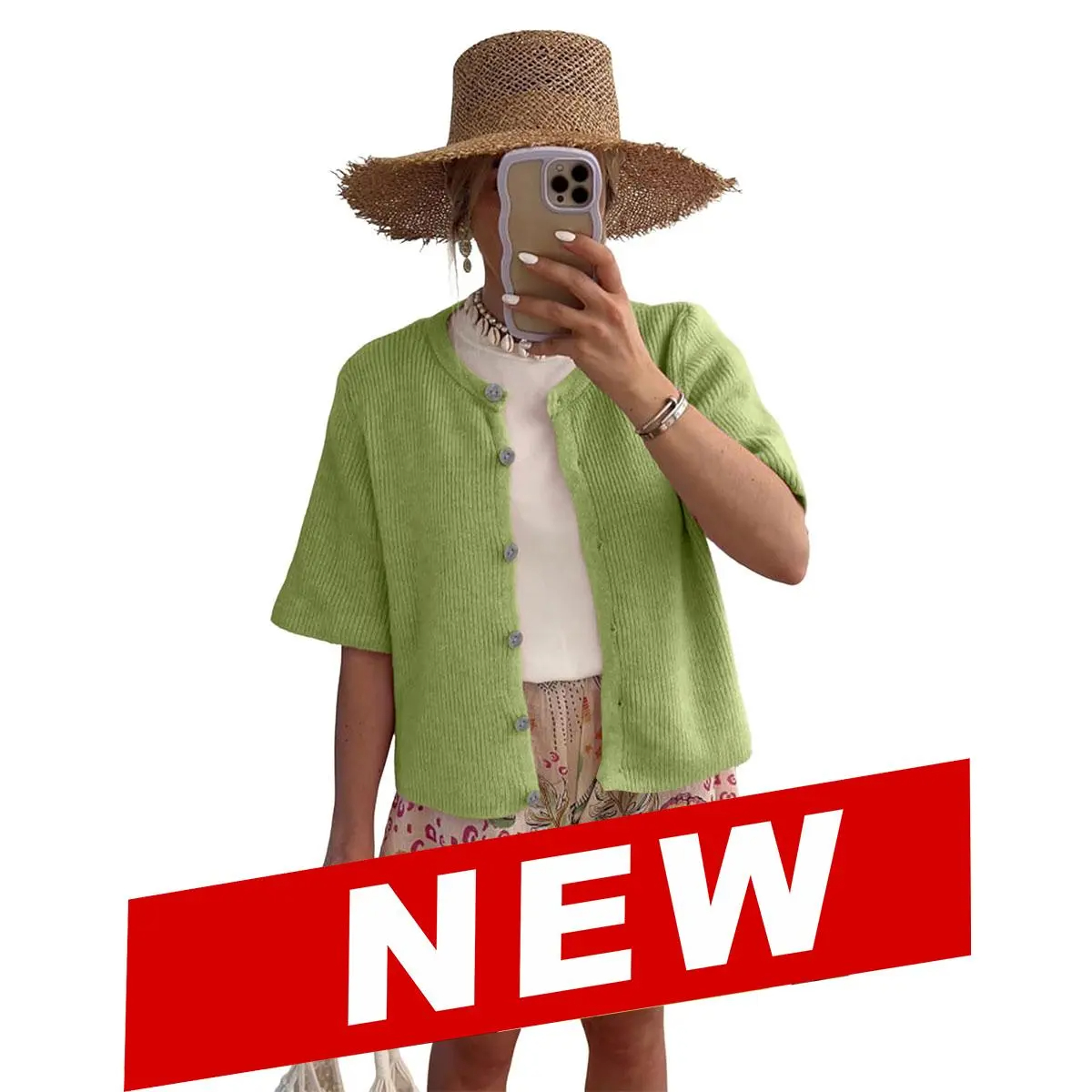 Women's Short-Sleeve Crew-Neck Cardigan
