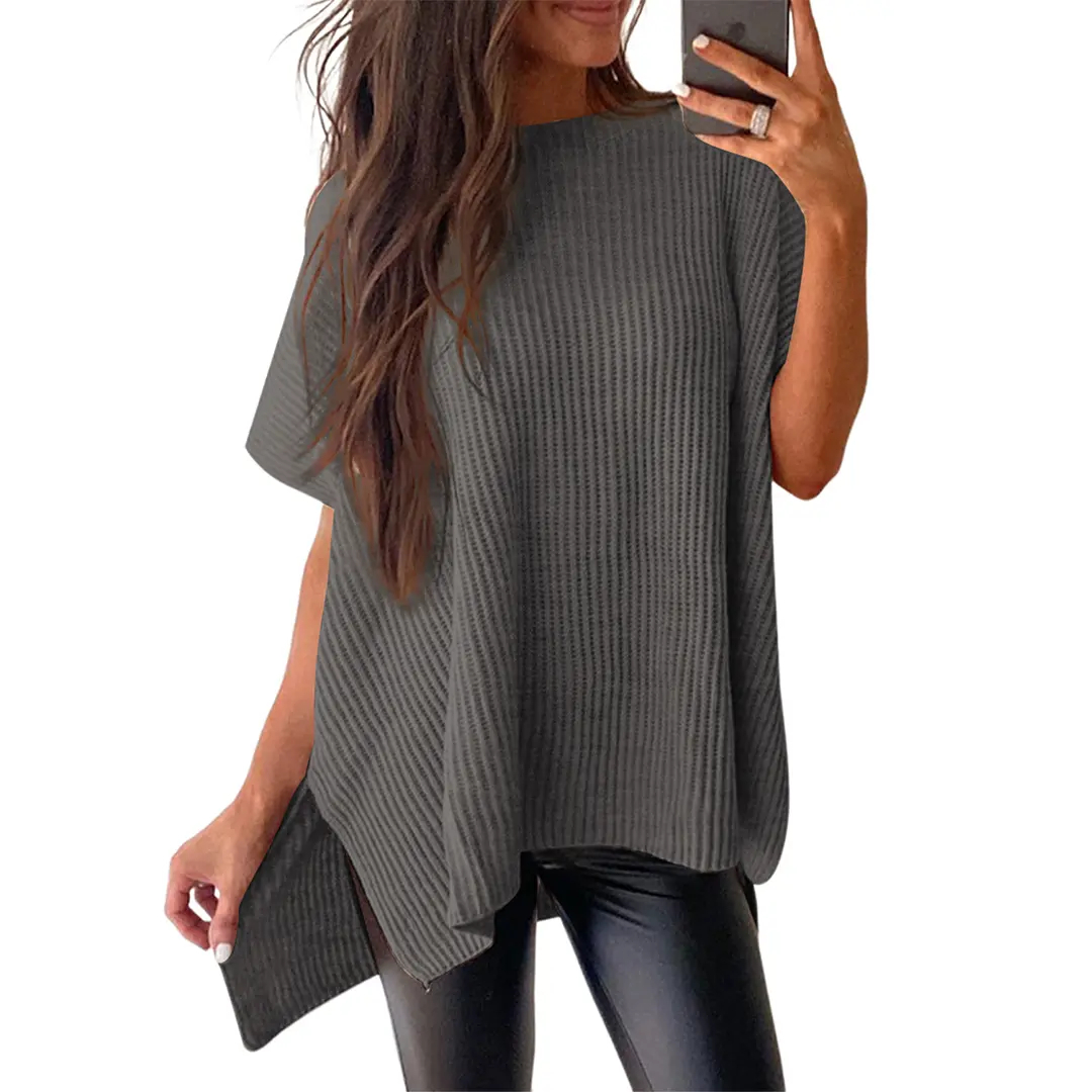 Women's casual, loose-fitting solid-color knit pullover with puffy short sleeves, a crew neck, and side slits