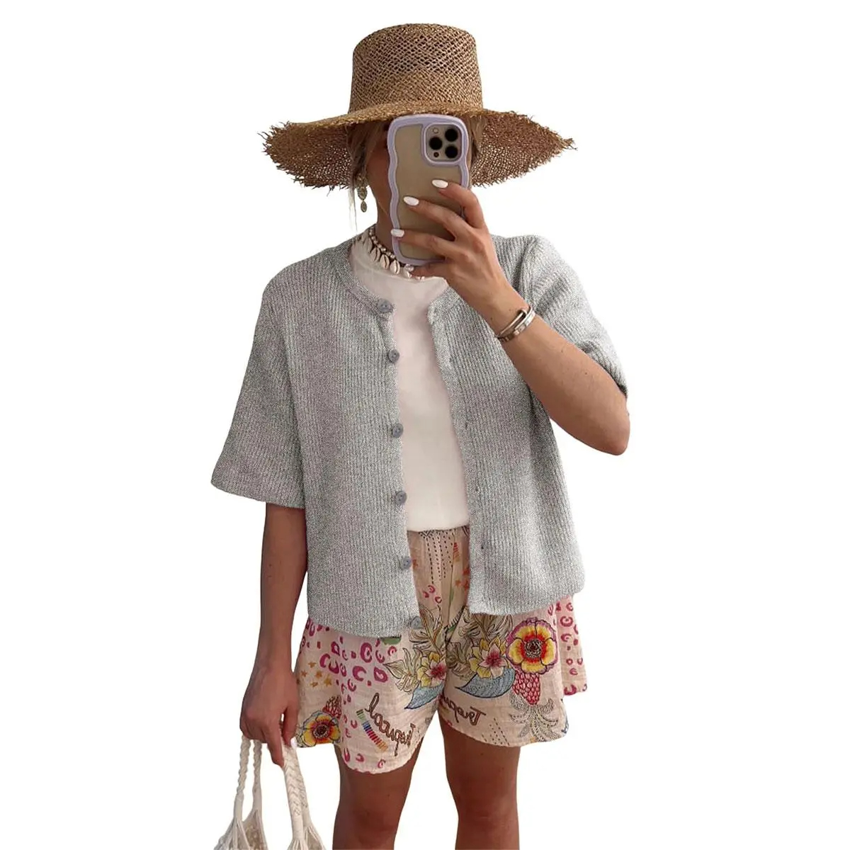 Women's Short-Sleeve Crew-Neck Cardigan