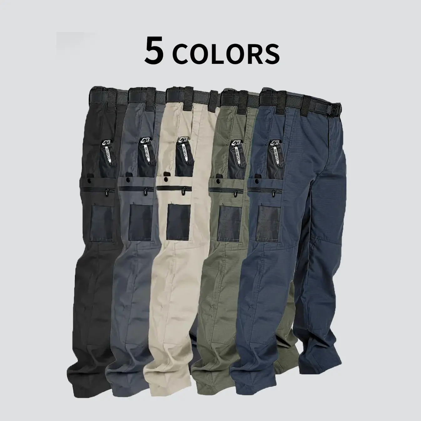 Moda Vibe Men's Solid-Color Tactical Work Pants, featuring multiple pockets and a zipper closure