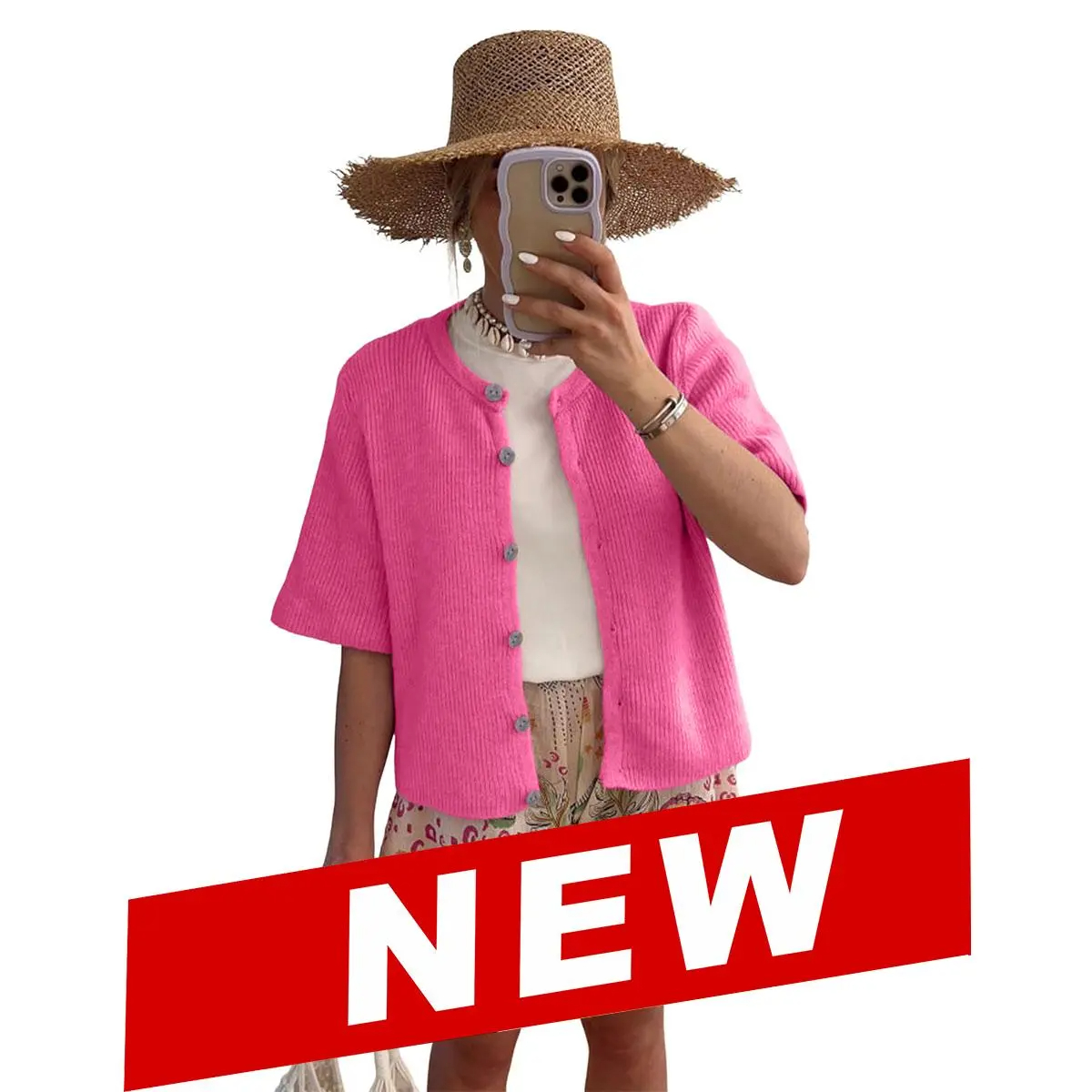 Women's Short-Sleeve Crew-Neck Cardigan