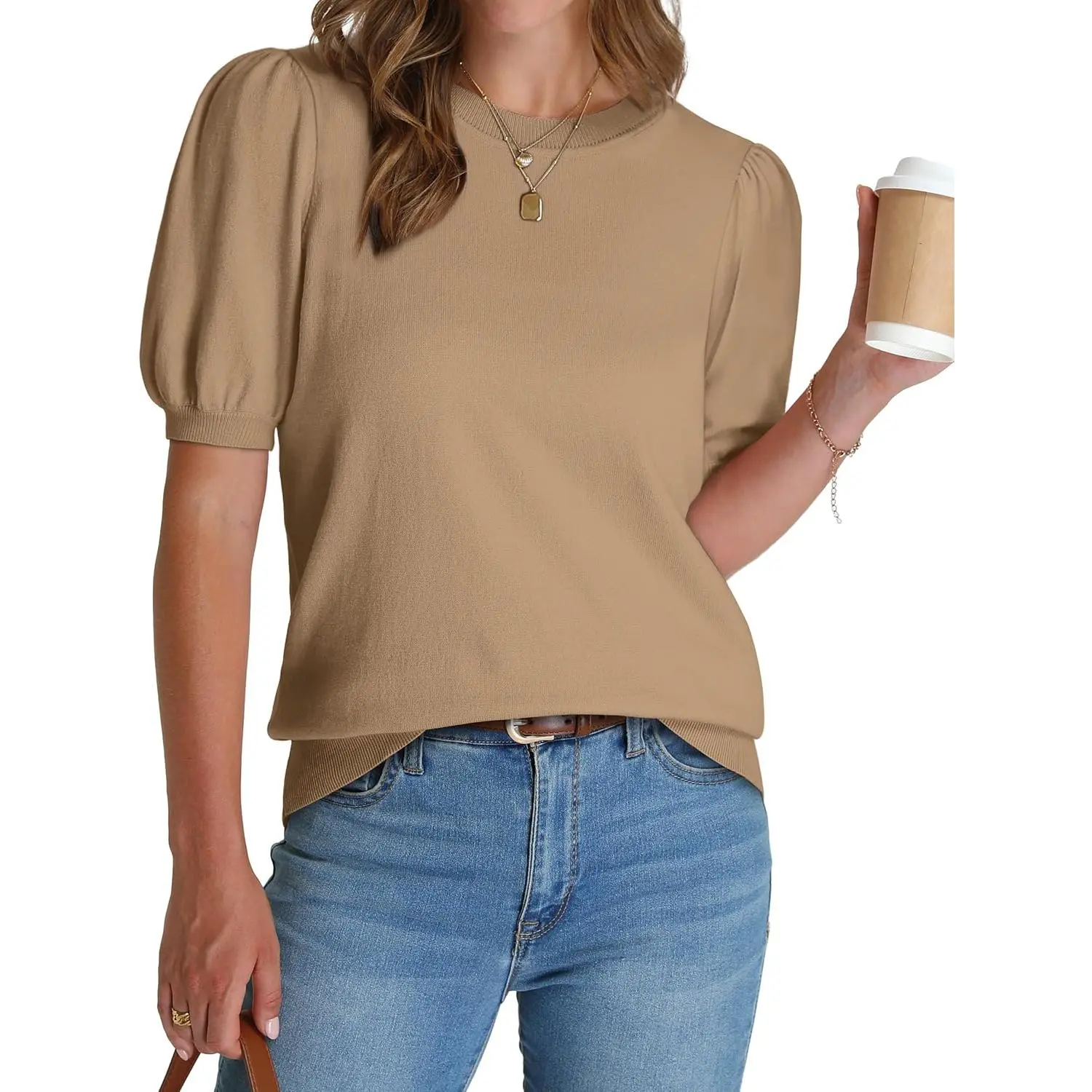 OFEEFAN women's puff short-sleeved 2026 spring/summer sweater – lightweight knit top – business casual blouse, soft and breathable for layering.