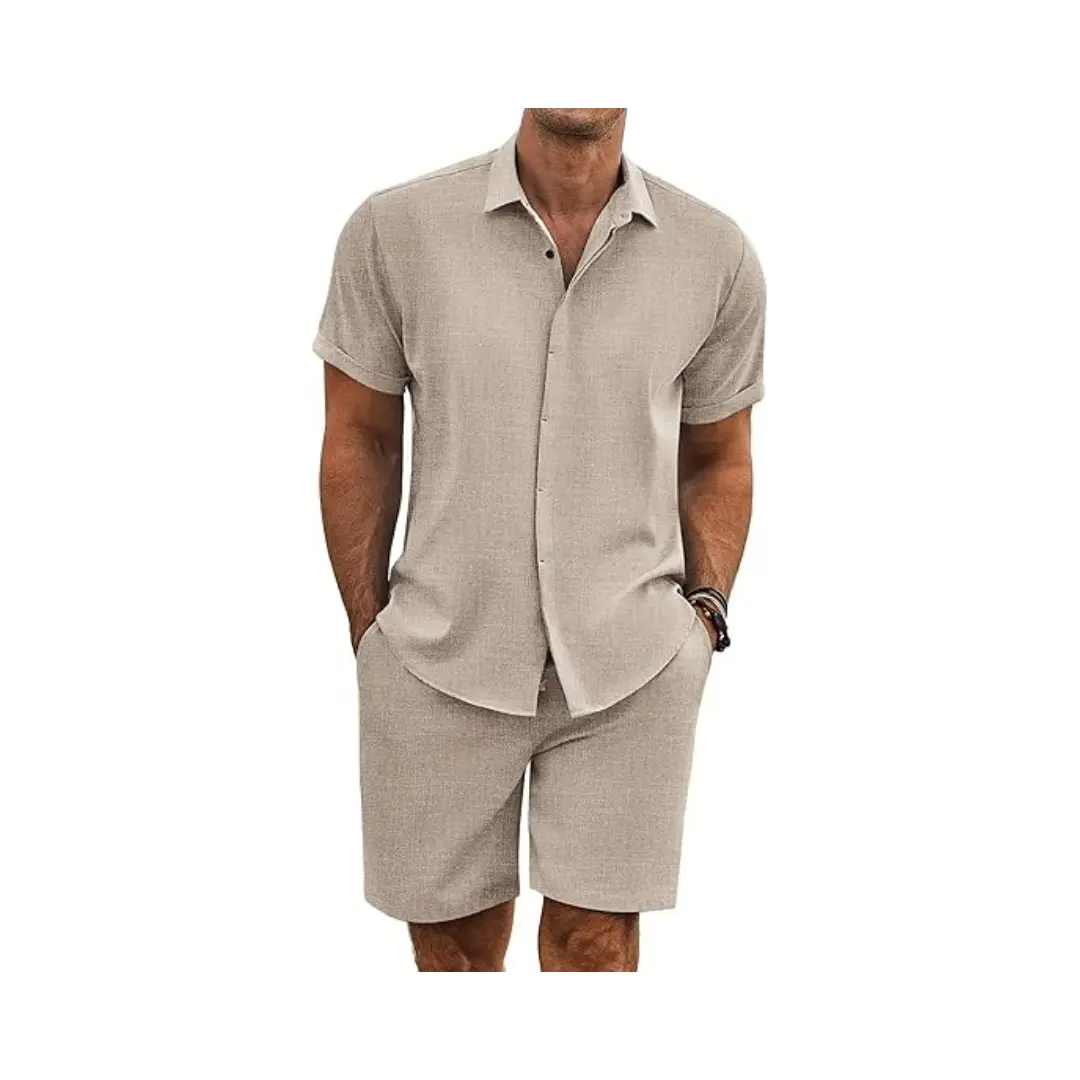 Men's Summer Beach Two-Piece Set: Made from high-quality linen-textured fabric, perfect for vacations and casual wear