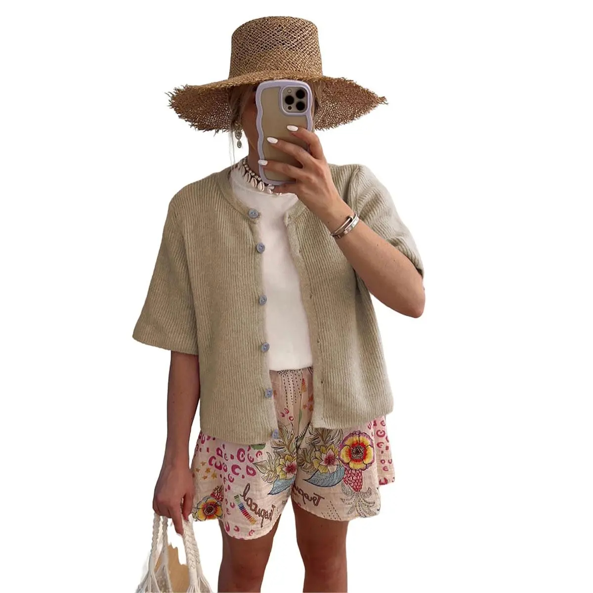 Women's Short-Sleeve Crew-Neck Cardigan