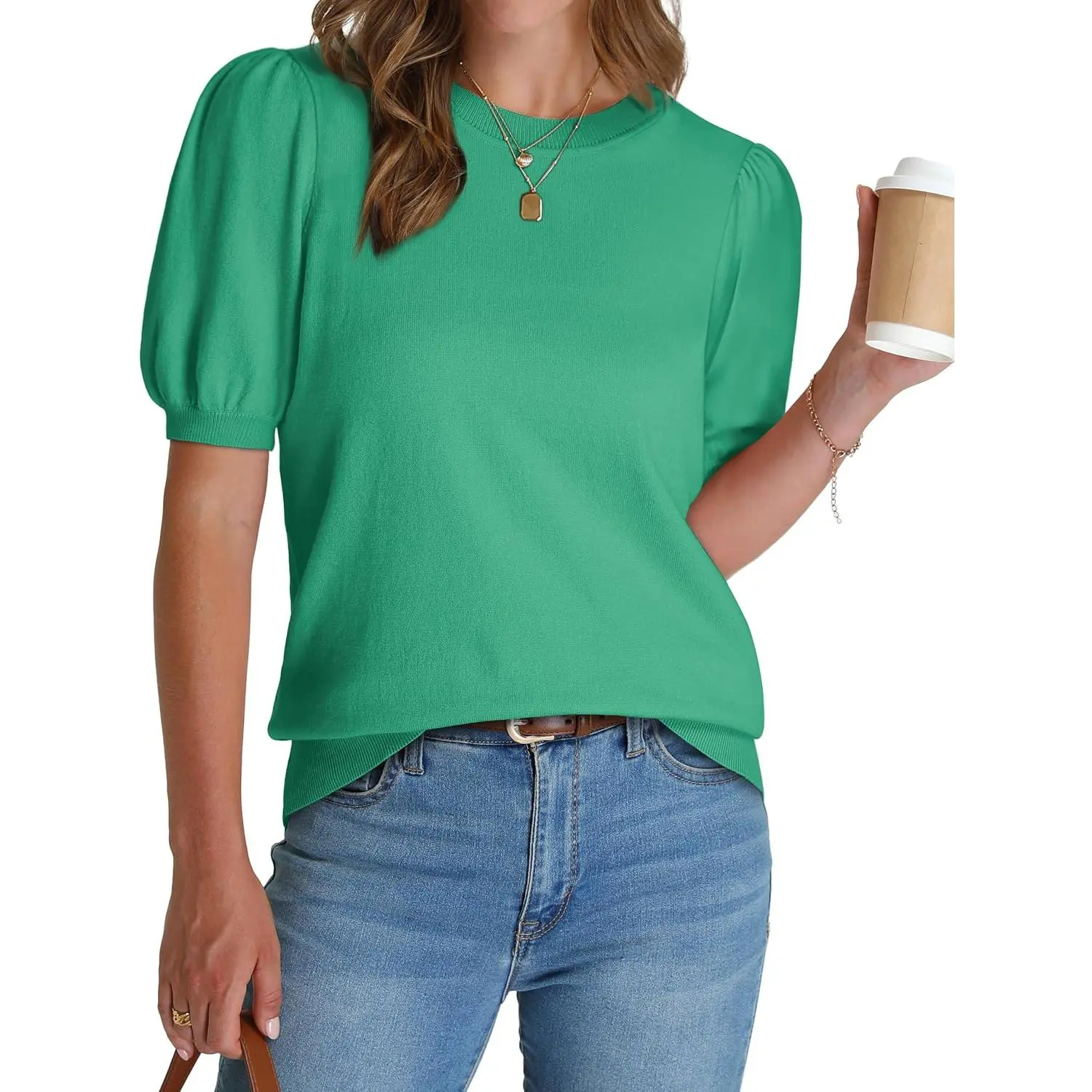 OFEEFAN women's puff short-sleeved 2026 spring/summer sweater – lightweight knit top – business casual blouse, soft and breathable for layering.