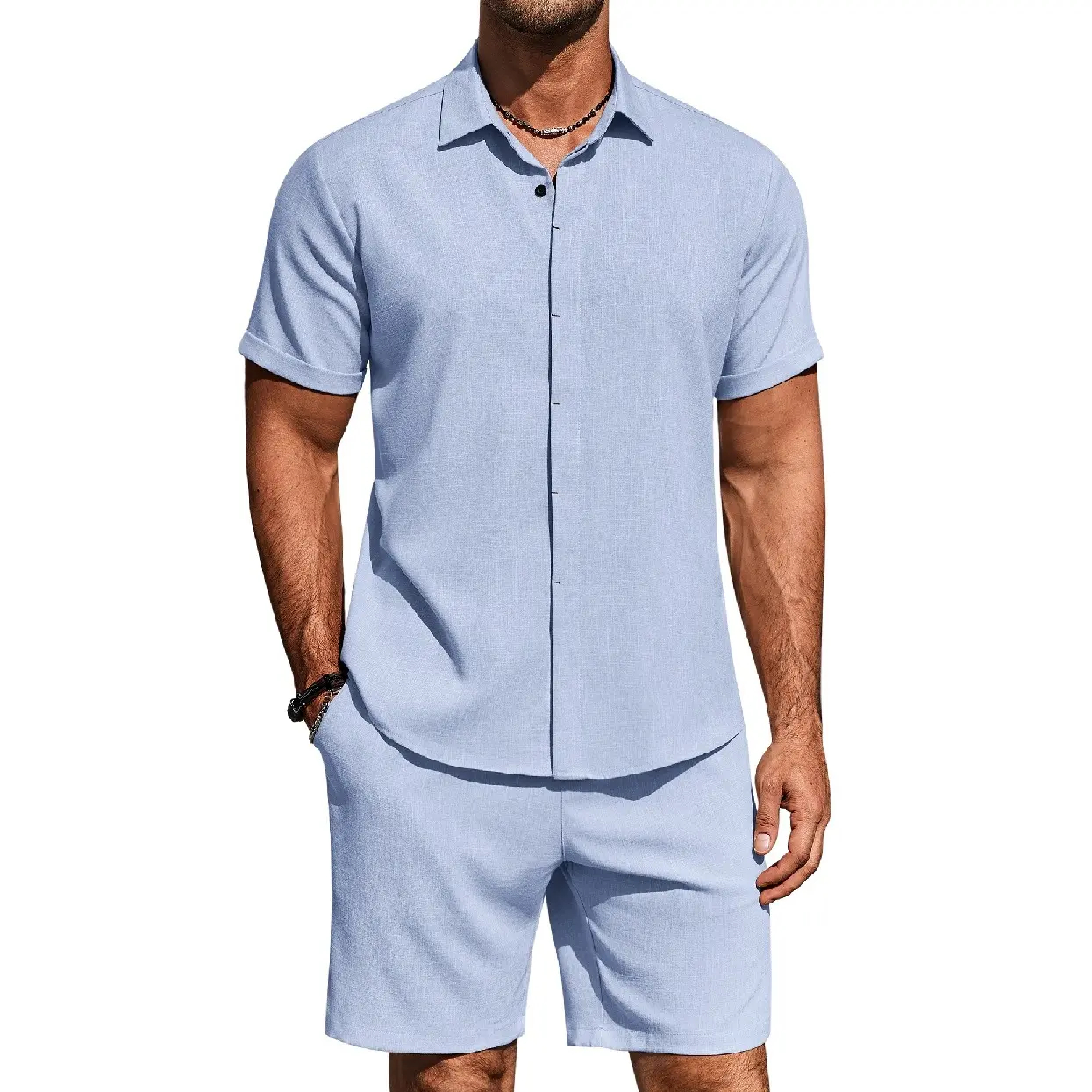 Men's Summer Beach Two-Piece Set: Made from high-quality linen-textured fabric, perfect for vacations and casual wear