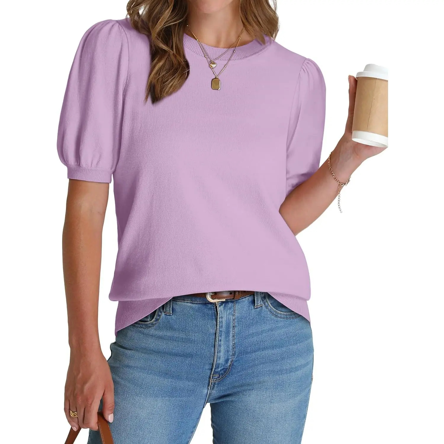OFEEFAN women's puff short-sleeved 2026 spring/summer sweater – lightweight knit top – business casual blouse, soft and breathable for layering.