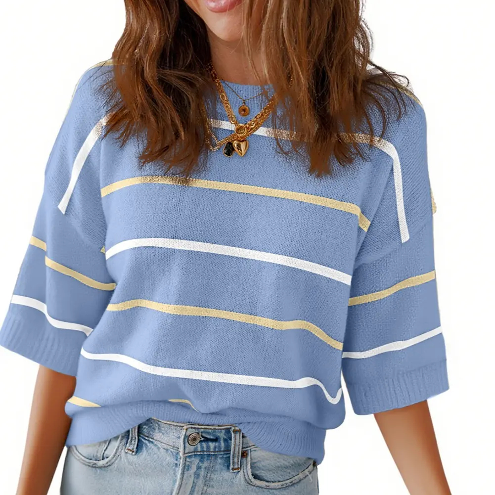 Shewin Women's Striped Knit Crew-Neck Short-Sleeve Top(Buy 2 Free Shipping)