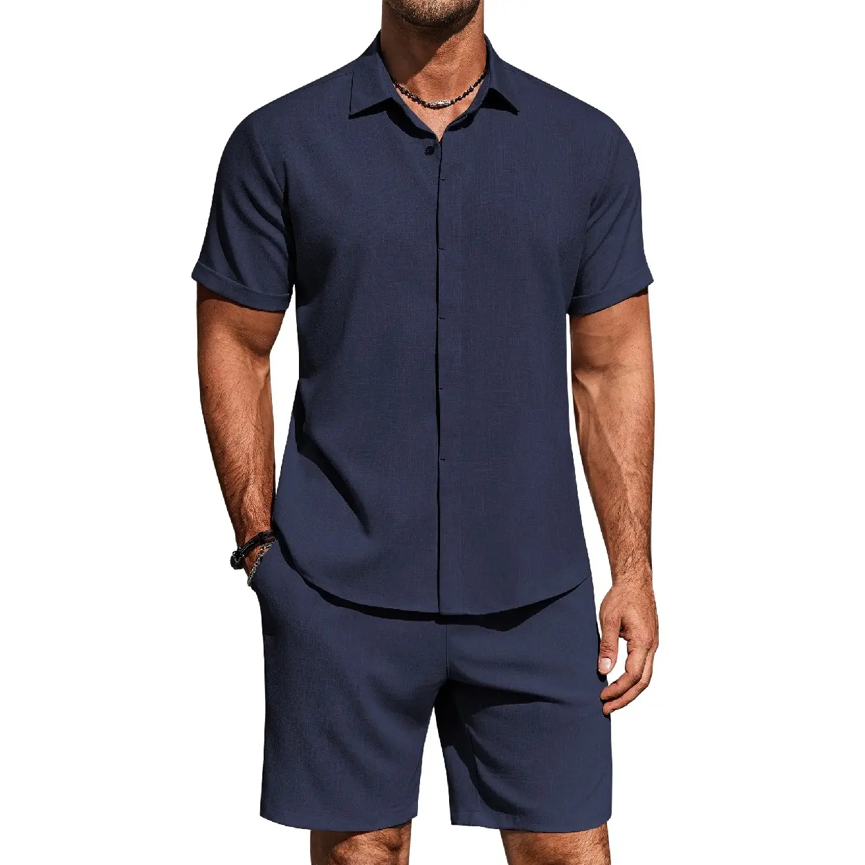 Men's Summer Beach Two-Piece Set: Made from high-quality linen-textured fabric, perfect for vacations and casual wear