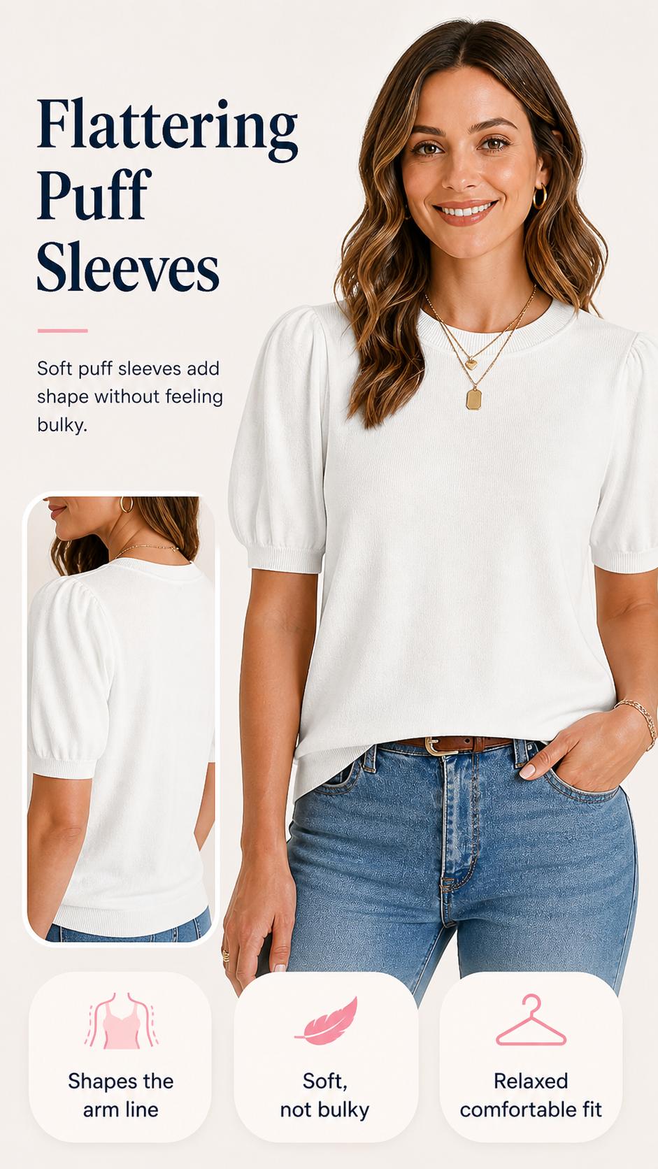 OFEEFAN women's puff short-sleeved 2026 spring/summer sweater – lightweight knit top – business casual blouse, soft and breathable for layering.