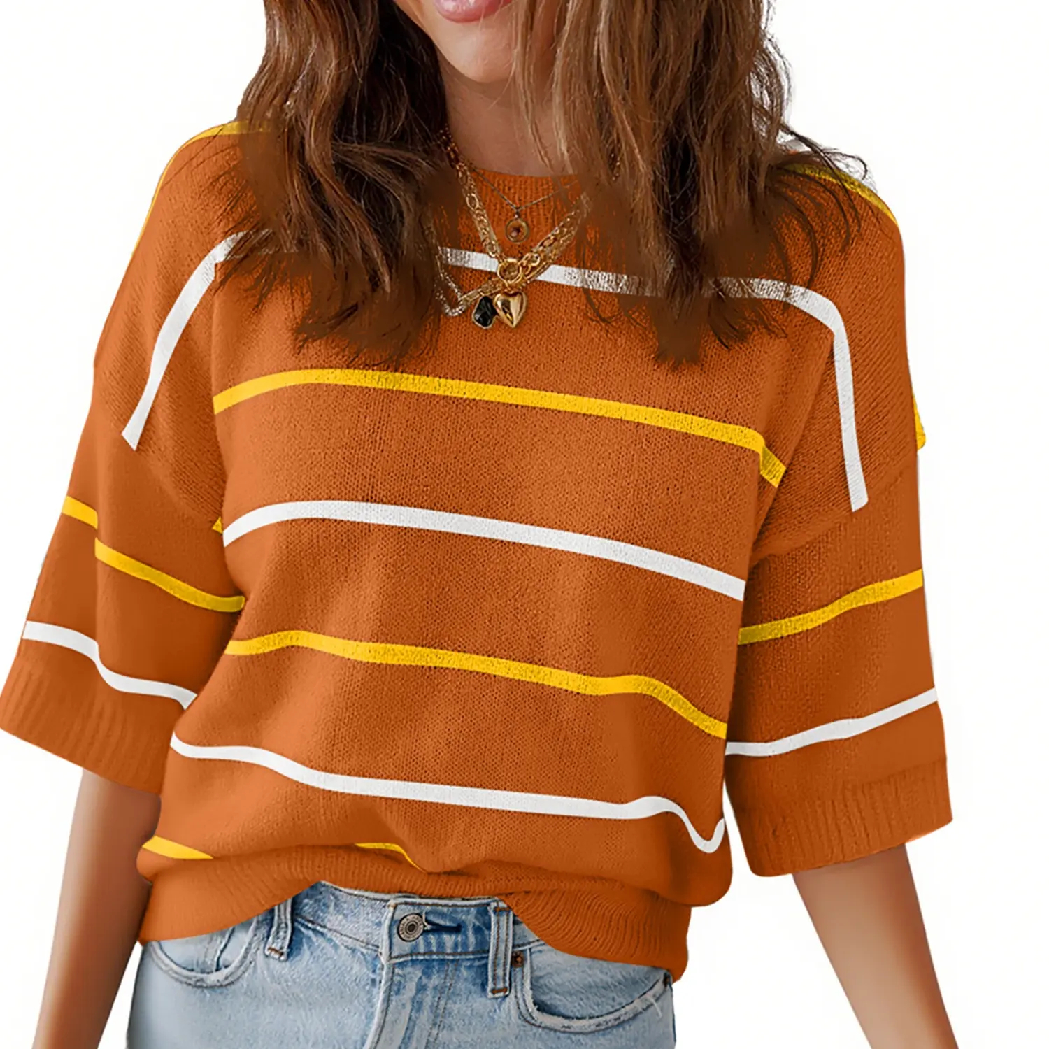 Shewin Women's Striped Knit Crew-Neck Short-Sleeve Top(Buy 2 Free Shipping)