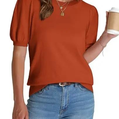 OFEEFAN women's puff short-sleeved 2026 spring/summer sweater – lightweight knit top – business casual blouse, soft and breathable for layering.