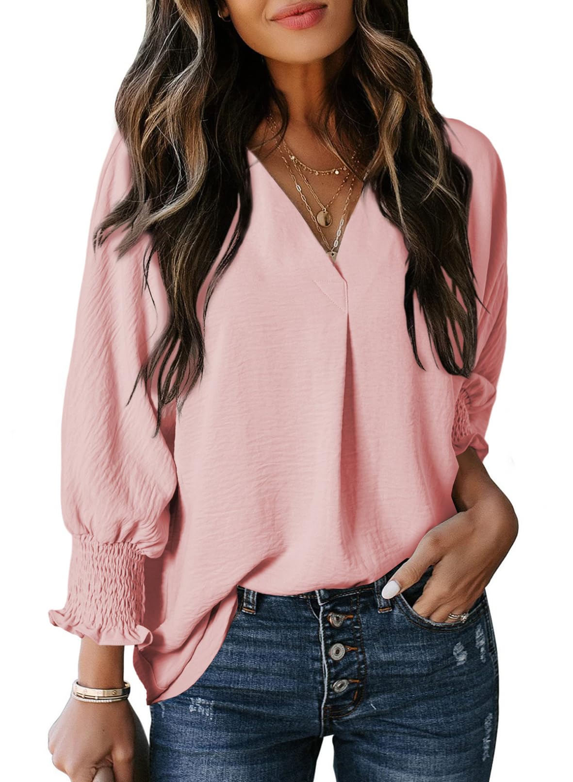 🔥Chicbeautyy Hot Sale-Womens Casual 3/4 Sleeve V Neck Loose Fit Basic Tees (BUY 2 FREE SHIPPING)
